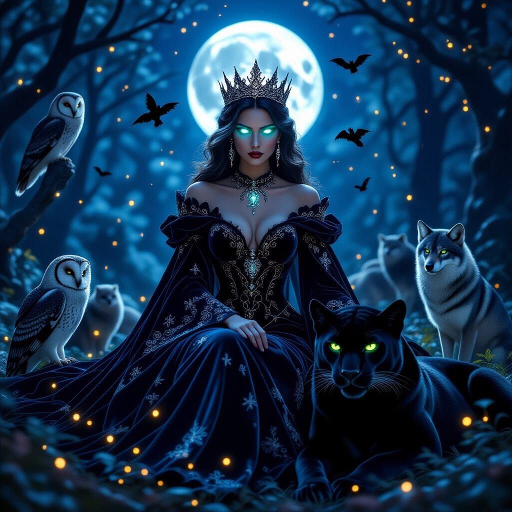 Mysterious Queen Reigns Over Nocturnal Forest in Digital Art