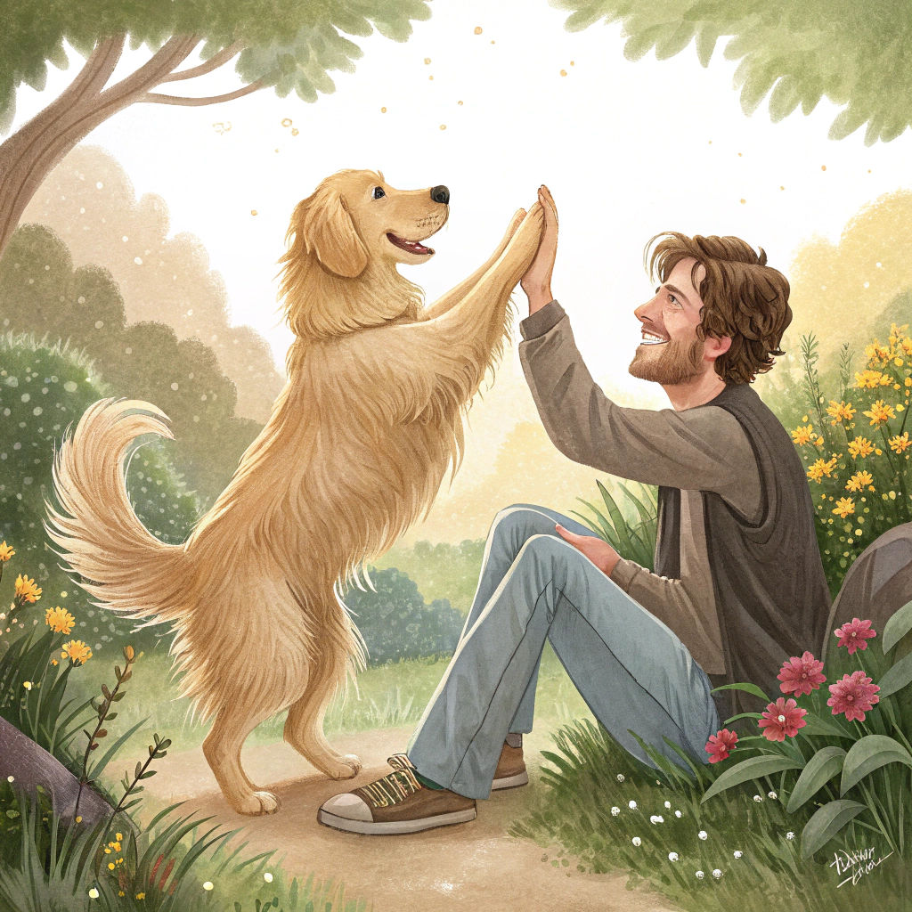 Golden Retriever's Gentle Touch: A Whimsical Outdoor Scene