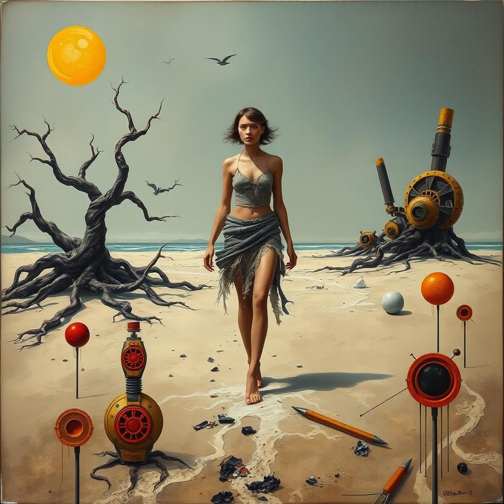 Dystopian Art Deco Shoreline: A Surreal Oil Painting