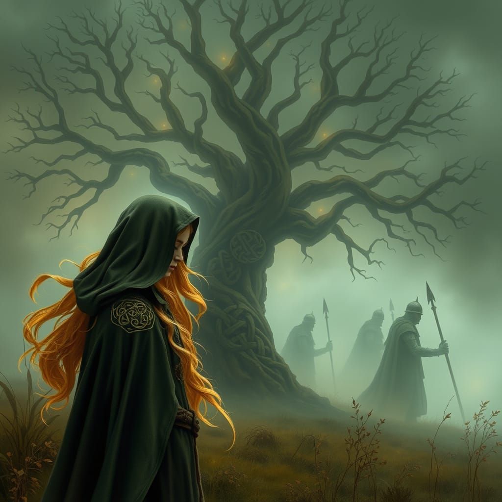 Celtic Maiden in Mourning Amidst Ancient Tree and Spectral W...