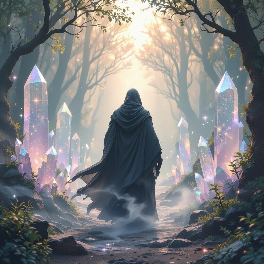 Mystical Crystal Forest with Shrouded Figure