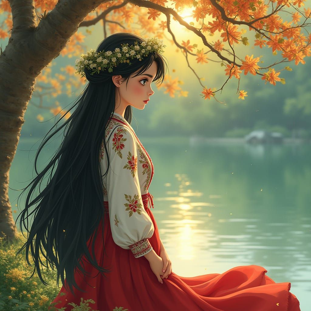 Solemn Russian Queen Admires Majestic Rainbow Tree in Whimsi...