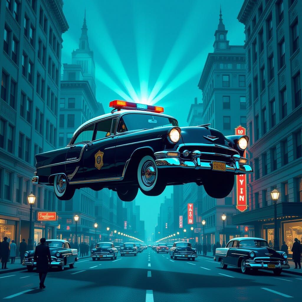 Surreal 1950s Cityscape: Floating Police Car in Film Noir St...