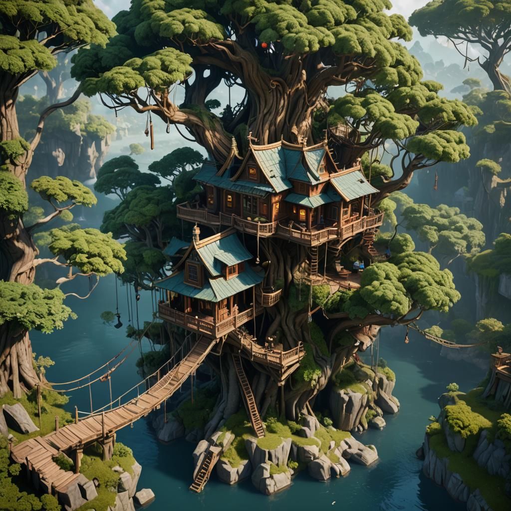Fantastical Floating Treehouse Mansion in Detailed Matte Pai...