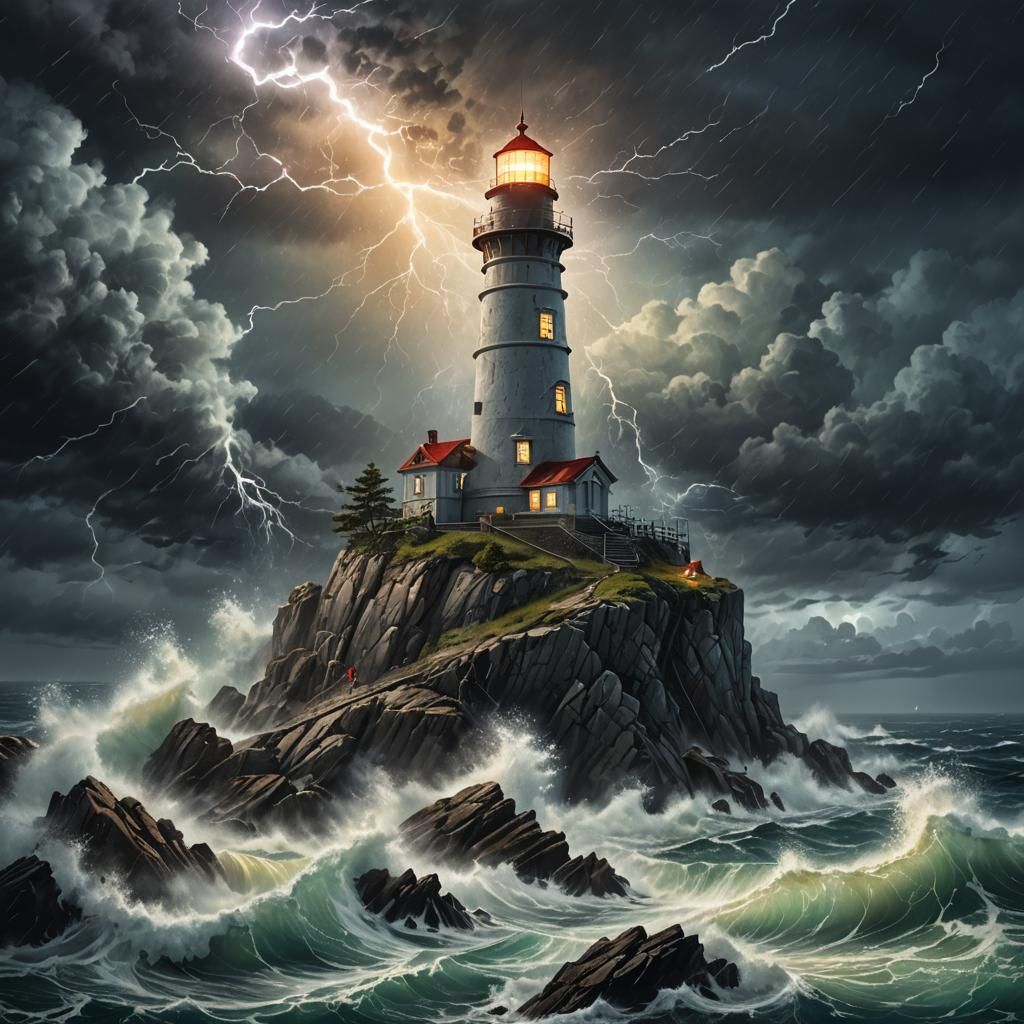 Hyperrealistic Lighthouse in Stormy Seas