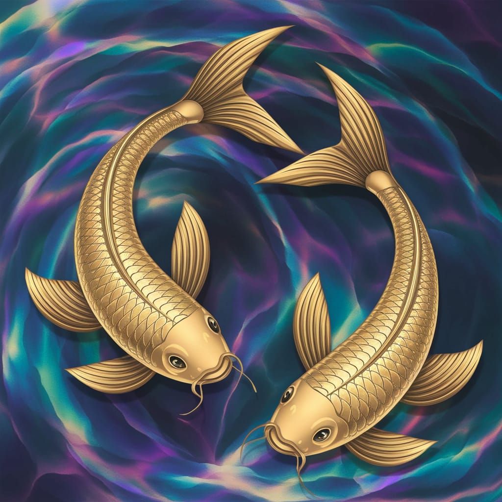 Golden Koi Fish in Iridescent Water, Symbolizing Pisces Harm...