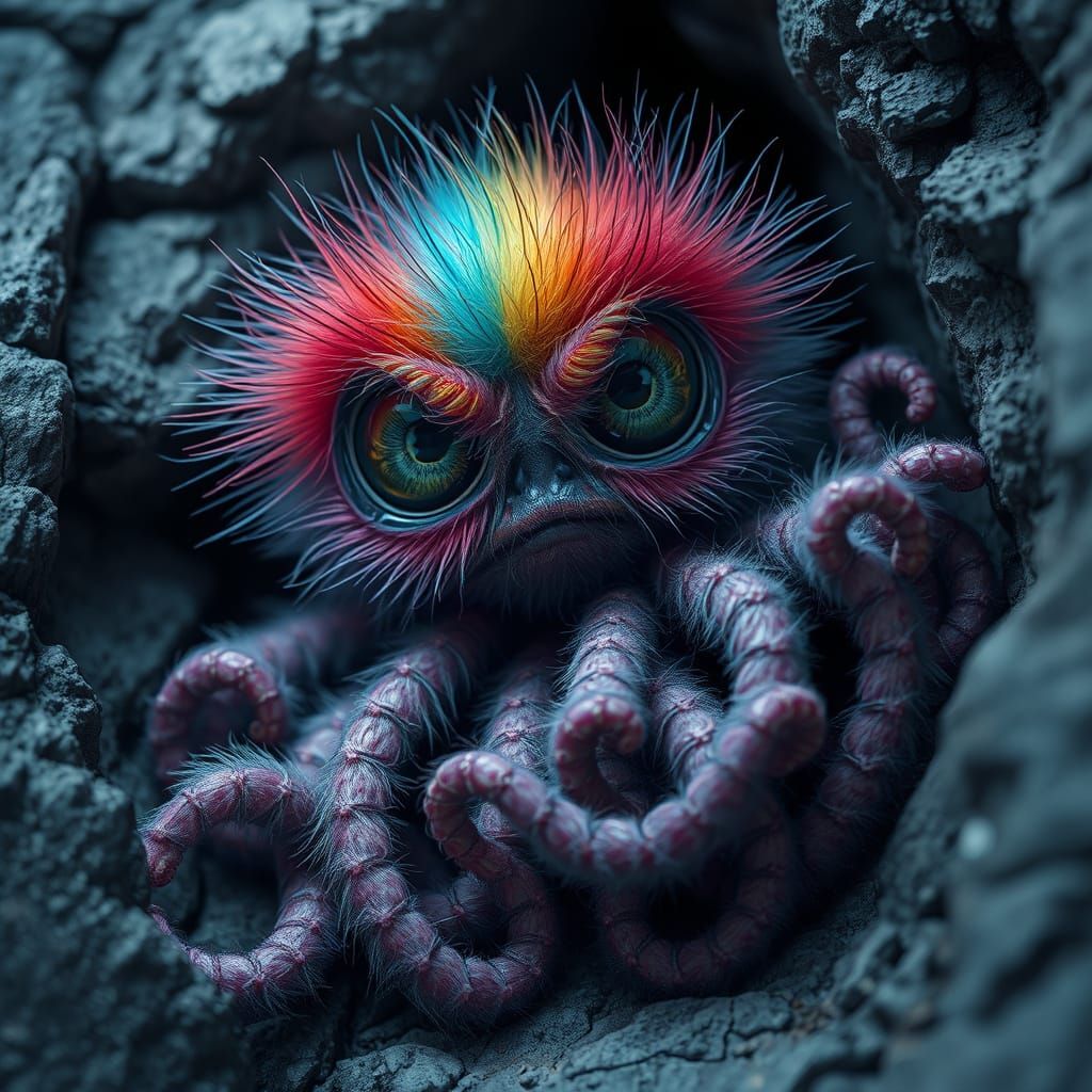 Rainbow Tentacle Creature in Grungy Digital Art