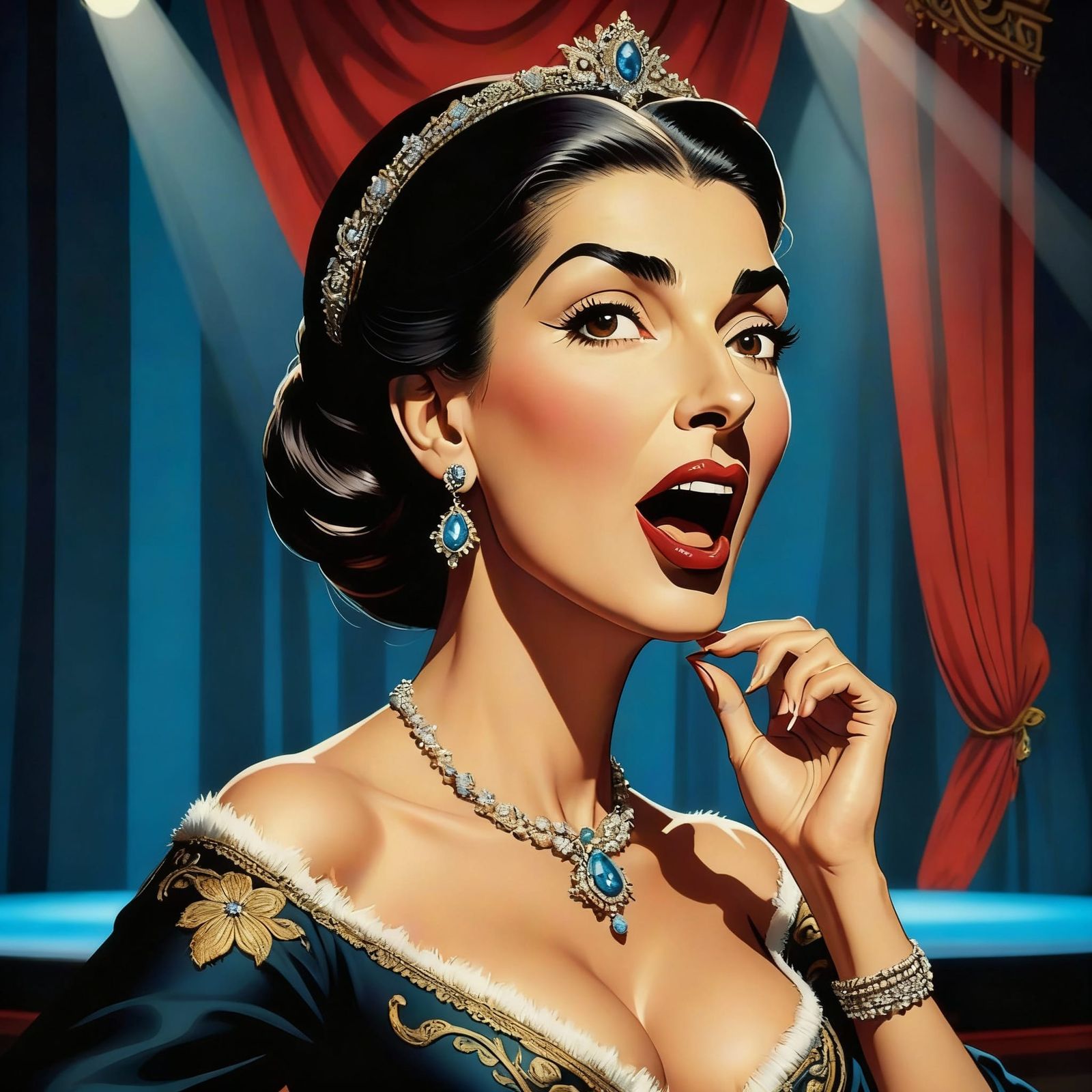Maria Callas Caricature in Vibrant Comic Art Style