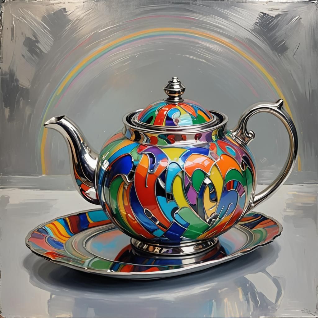 Abstract Rainbow Teapot on Silver Plate