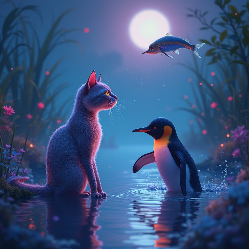 Whimsical Moonlit Duo Catch a Leaping Fish in Stunning Hyper...