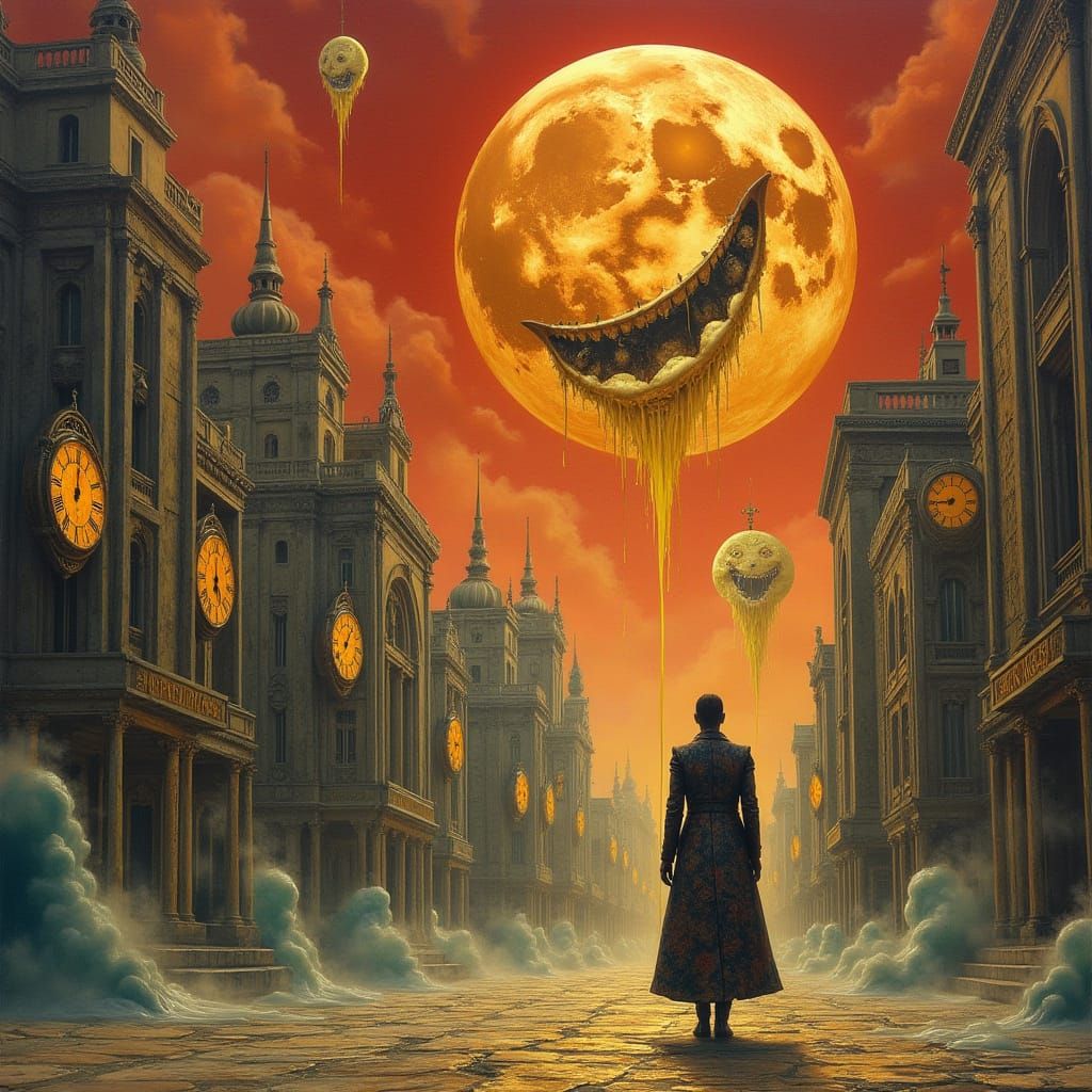 Surreal Cityscape Melts Around a Figure in Elegant Coat