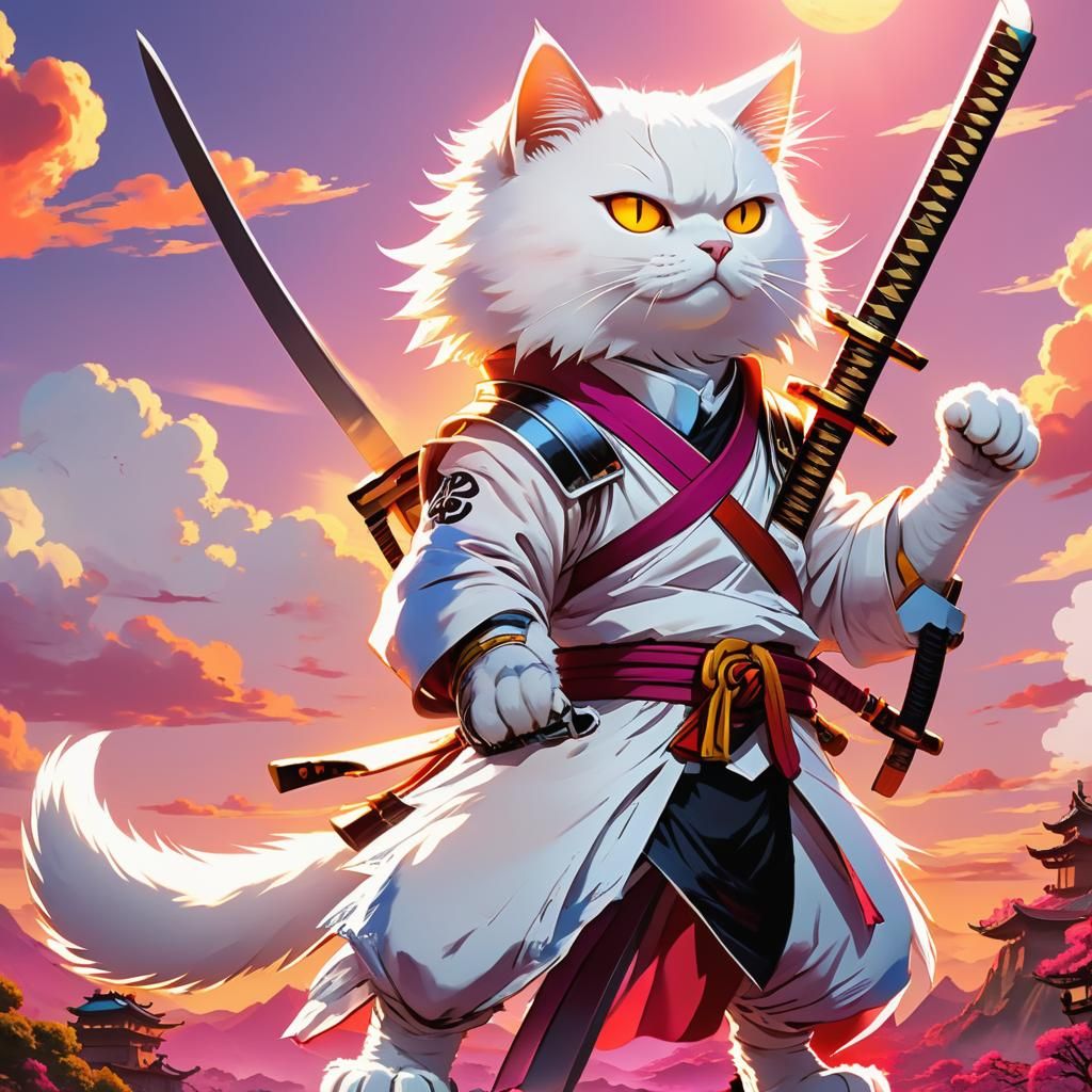 Anime Cat Samurai in Golden Hour Light