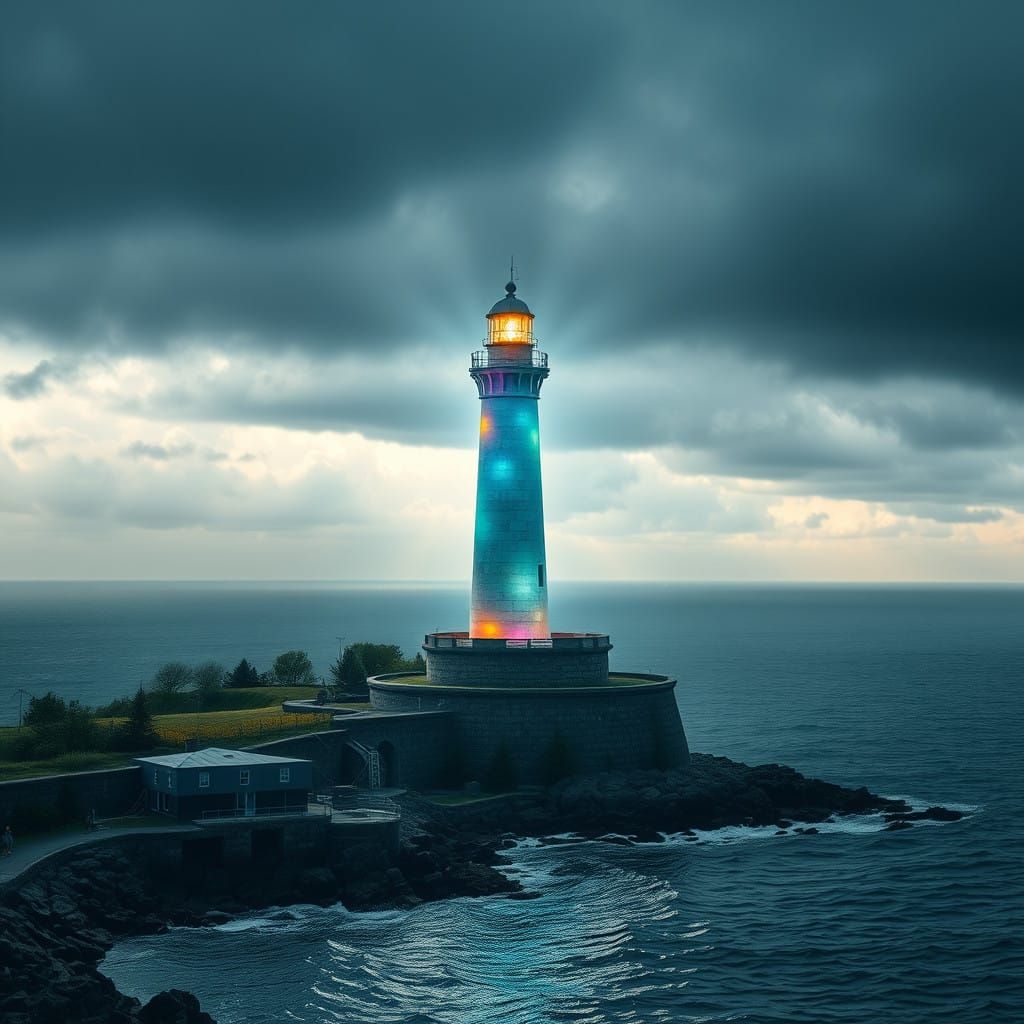Vibrant Lighthouse in a City Night