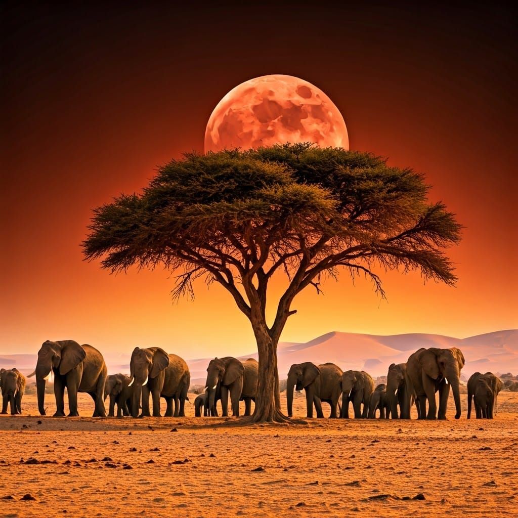 Crimson Moon Over Desert with Elephants, Natural Photography