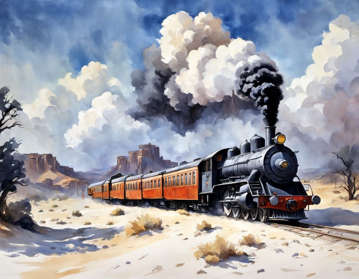Epic 1960s-Style Steam Train in Vibrant Desert Landscape