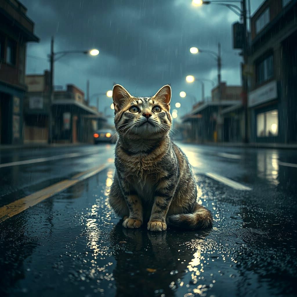 Moody Street Cat in Rainy Night Scene