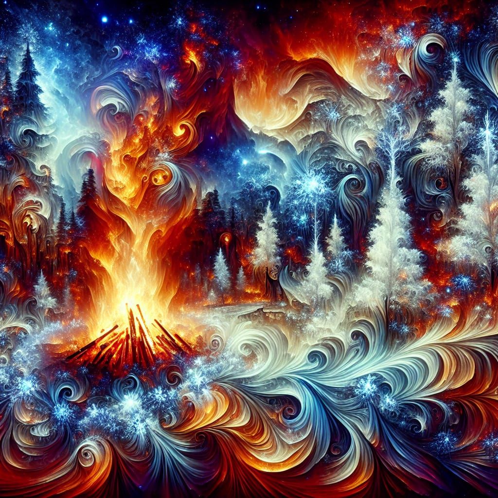 Magical Winter Scene with Firelight, Watercolor Art