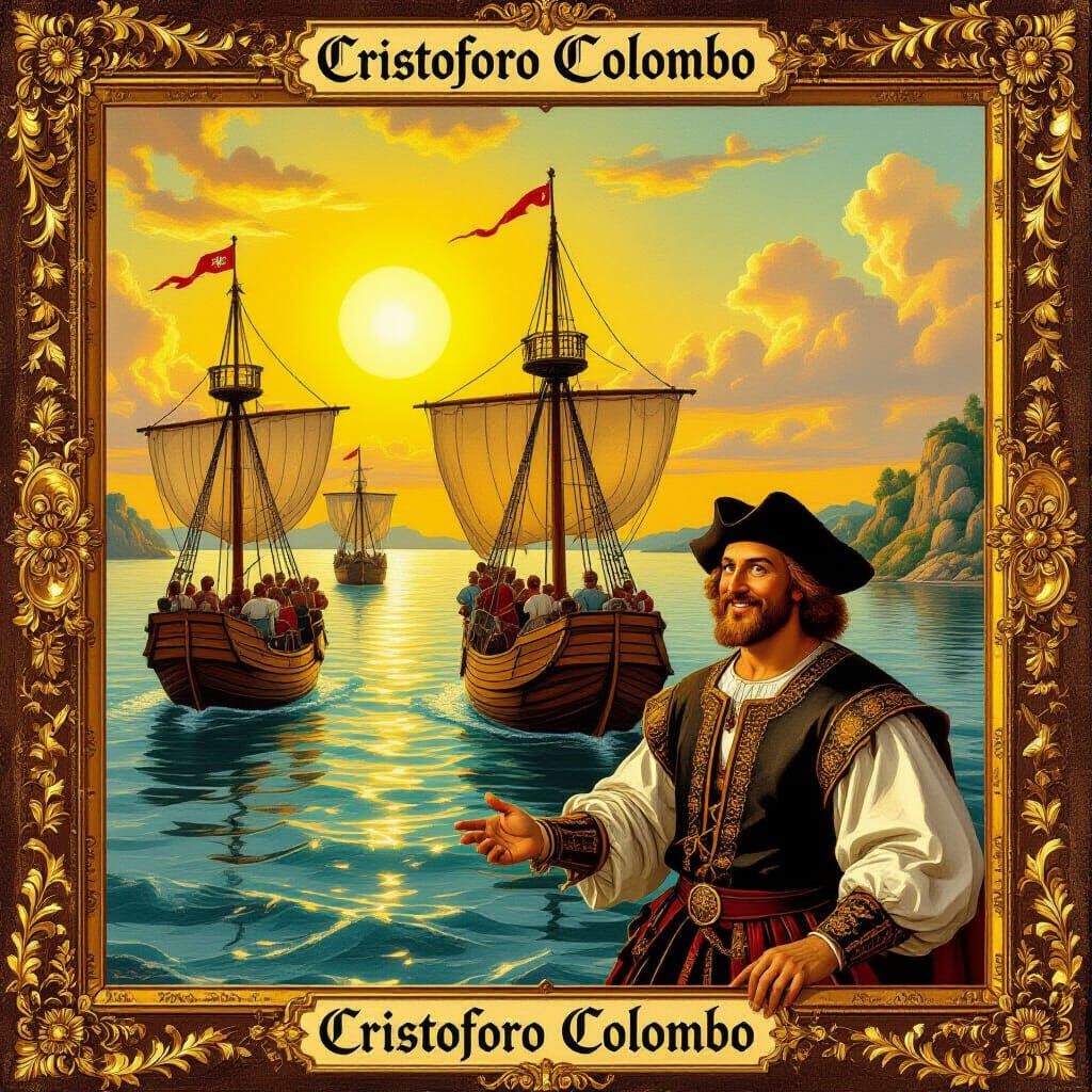 Columbus's Fleet Sails to the New World in Renaissance Style