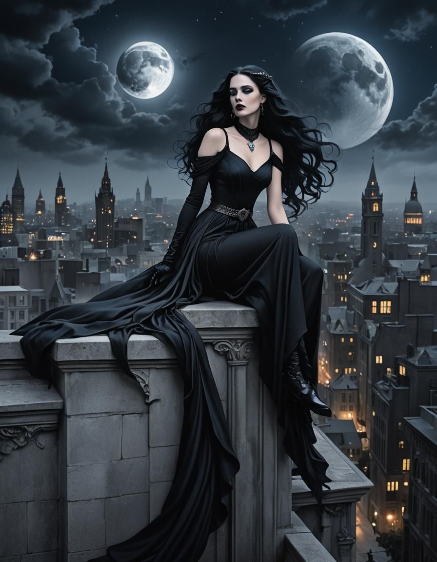 A noir-inspired goth woman in a sleek black fitted dress** perched on an urban ledge, under a crescent moon, her long ra...