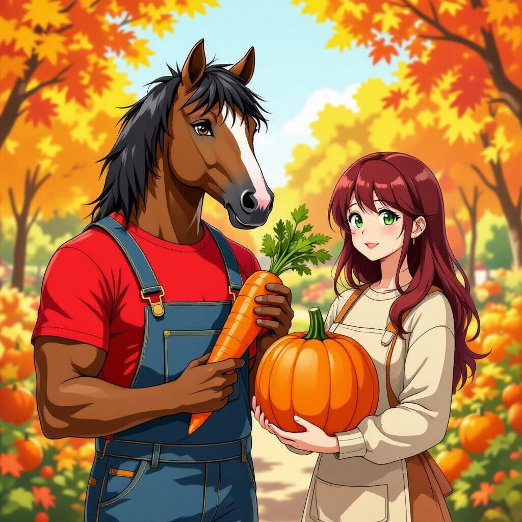Man with Horse Head & Woman in Autumn Garden, Anime Inspired