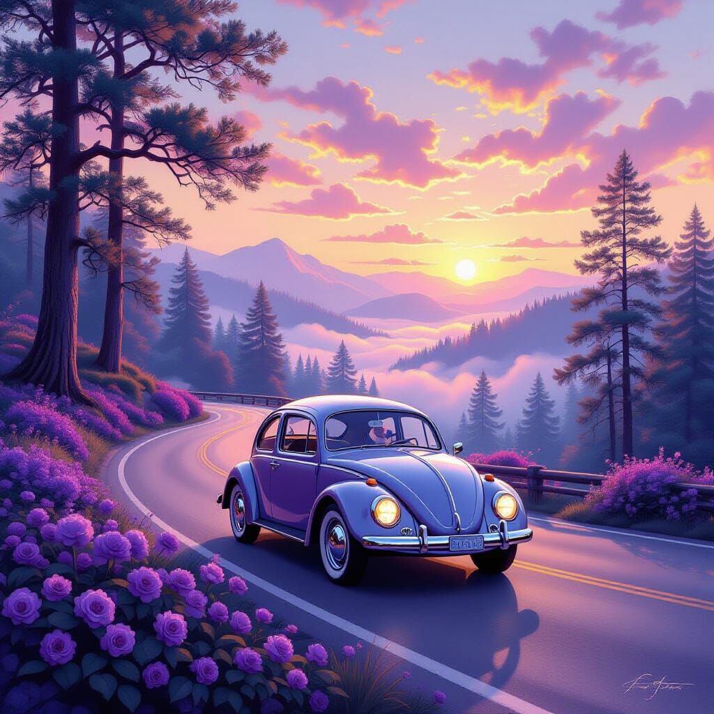 Volkswagen Beetle on a Magical Road, Ethereal Fantasy Style