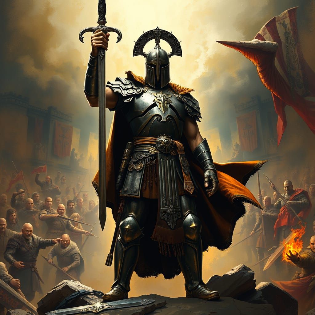 Victorious Armored Warrior in Arena, in a Fantasy Art Style
