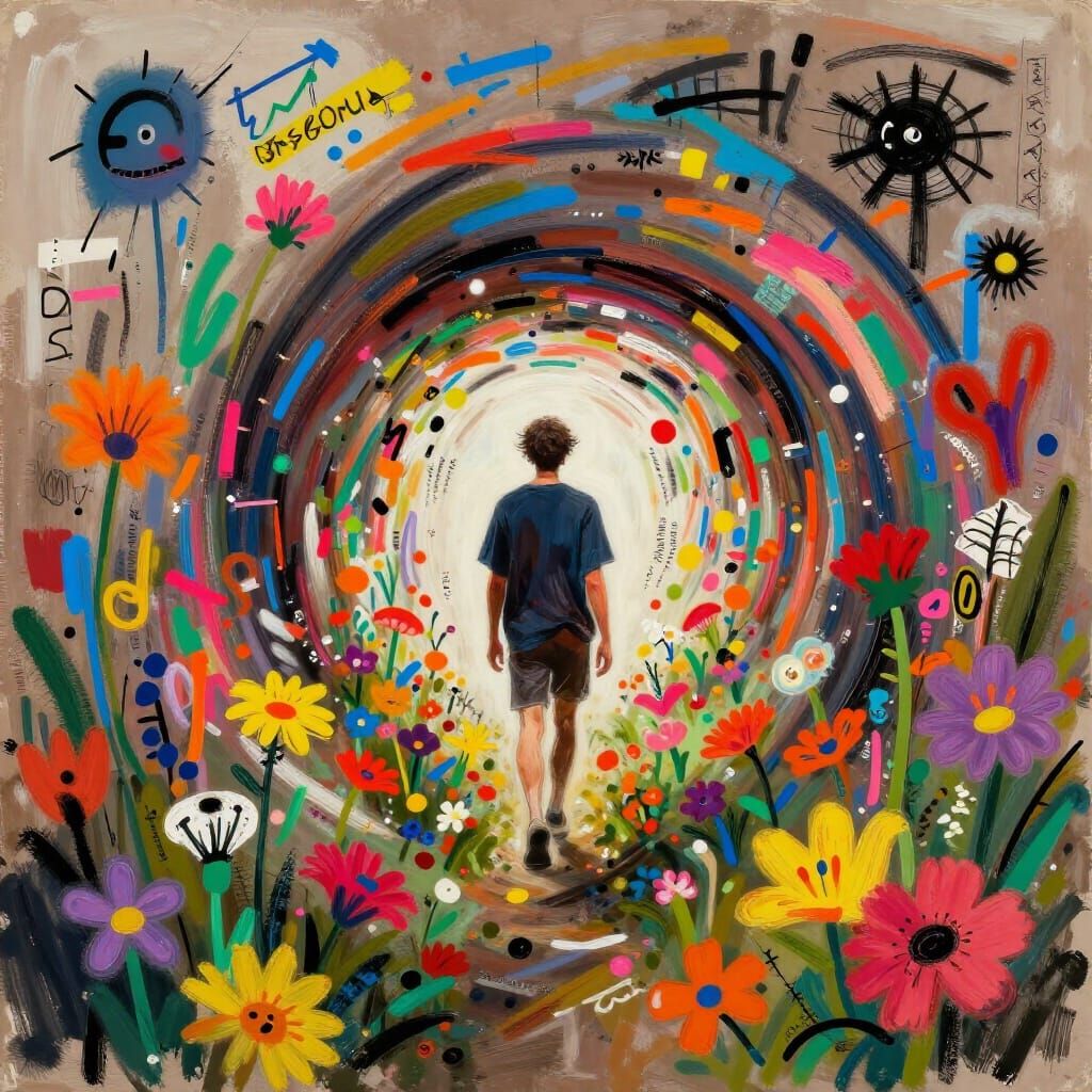 Figure Through Portal Amidst Exploding Flowers in Basquiat S...