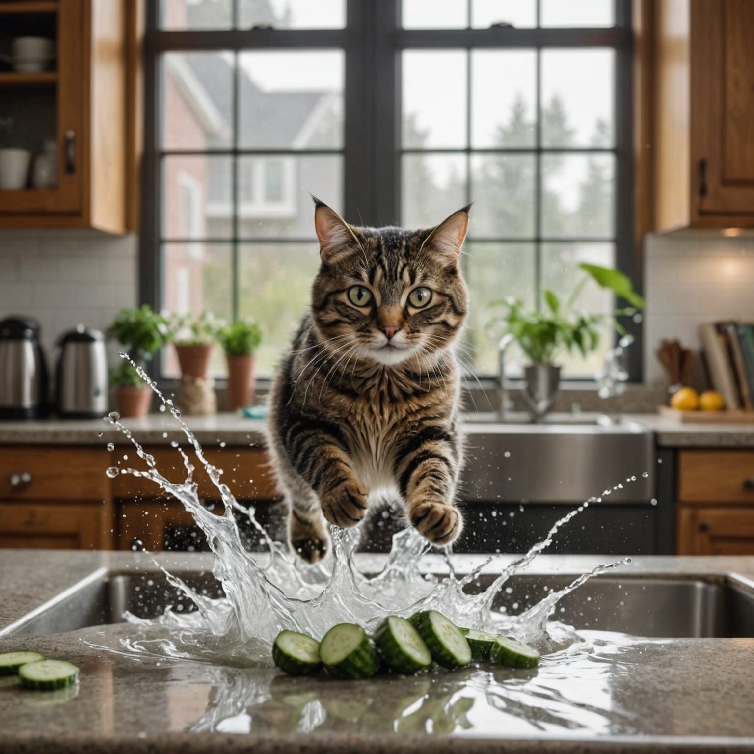 Frightened Cat's Cucumber Escape: Whimsical Illustration