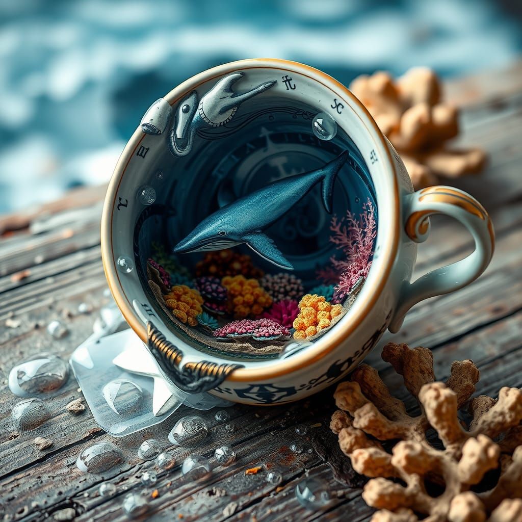 Underwater Coral Reef in Antique Teacup, Fantasy Art