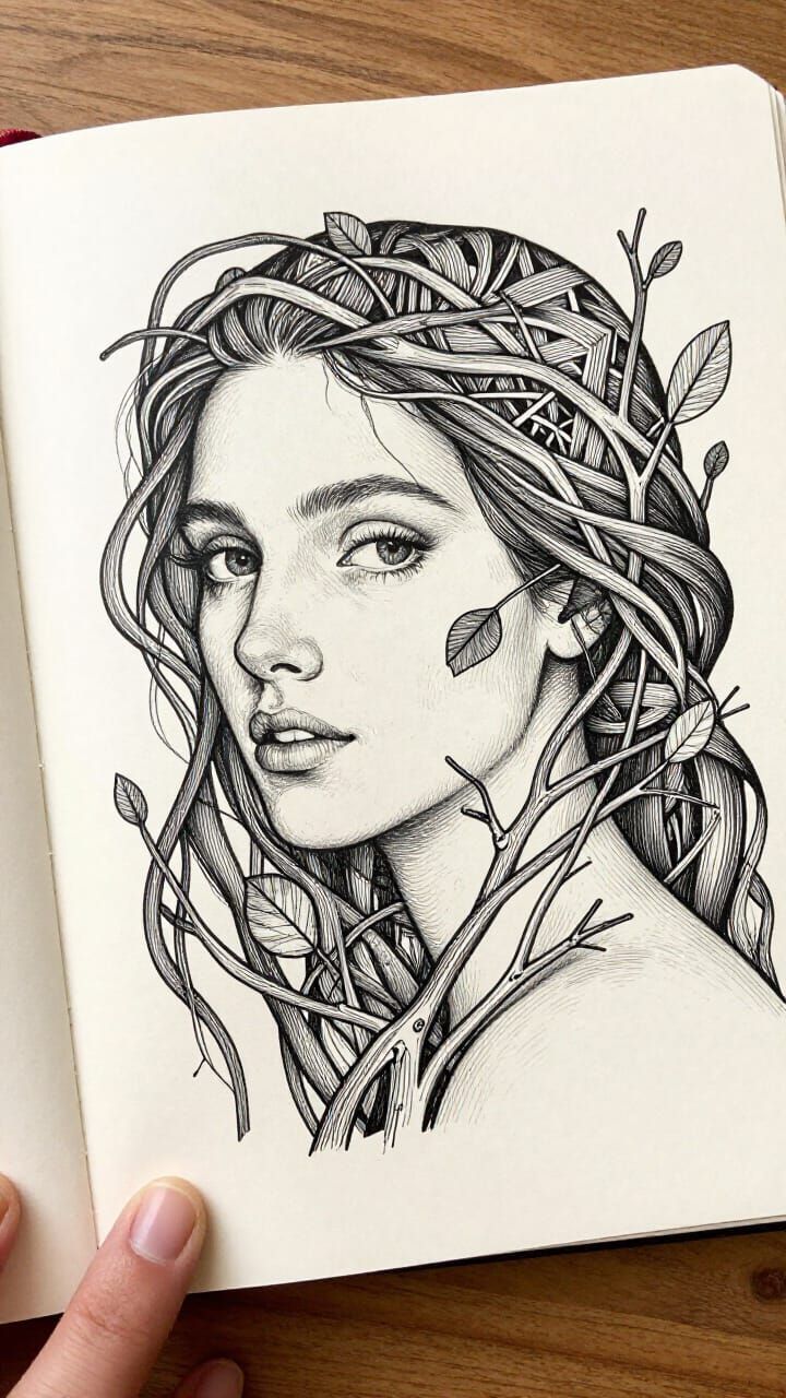Black and White Line Art: Face Merging with Nature