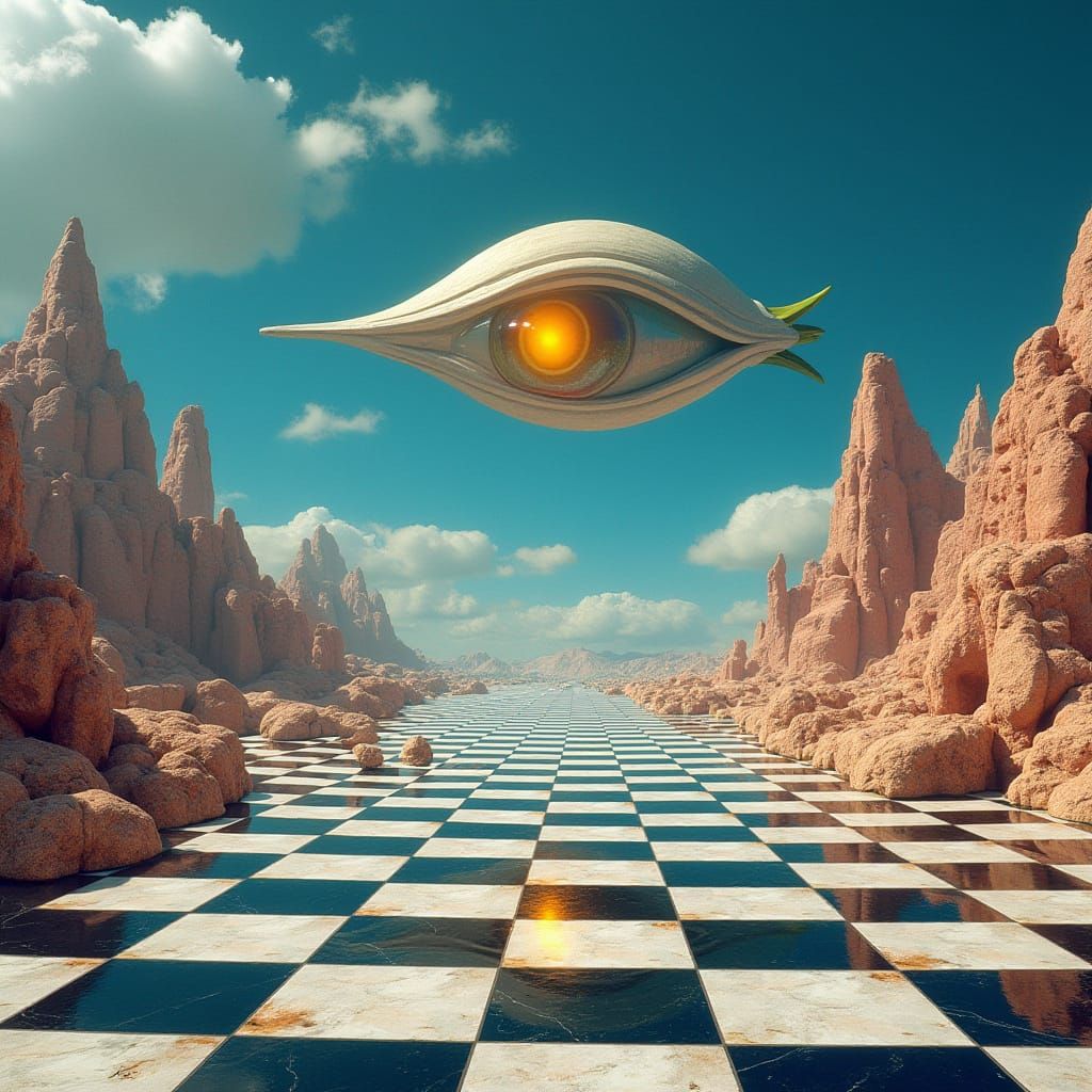 Surreal Chessboard Landscape with Egyptian Eye in Bosch Styl...