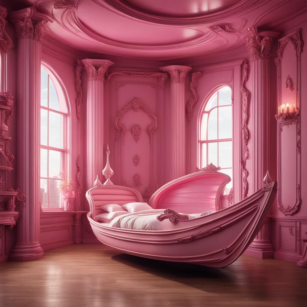 Pink Boat Bed in Girl's Room, Detailed Digital Art