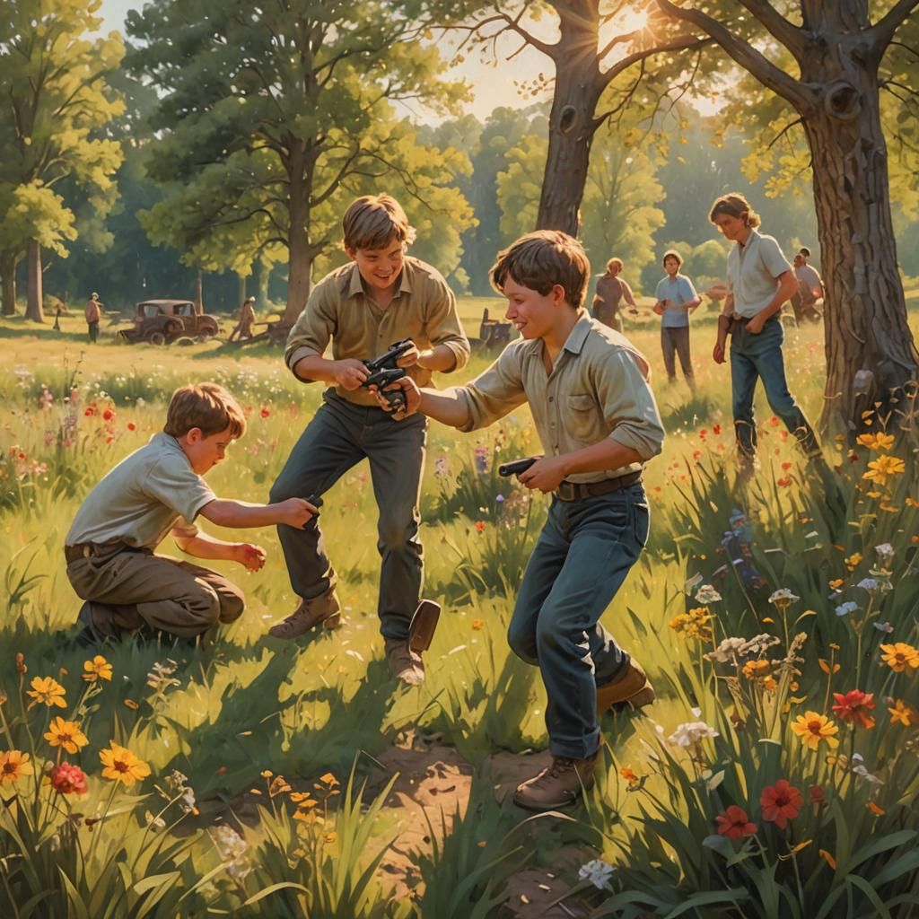 Boys Playing in Meadow: A Rustic Oil Painting