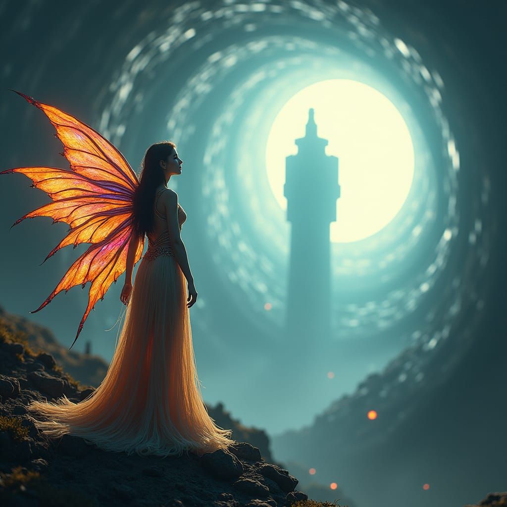 Dark Rainbow Fairy Gazing Through Wormhole