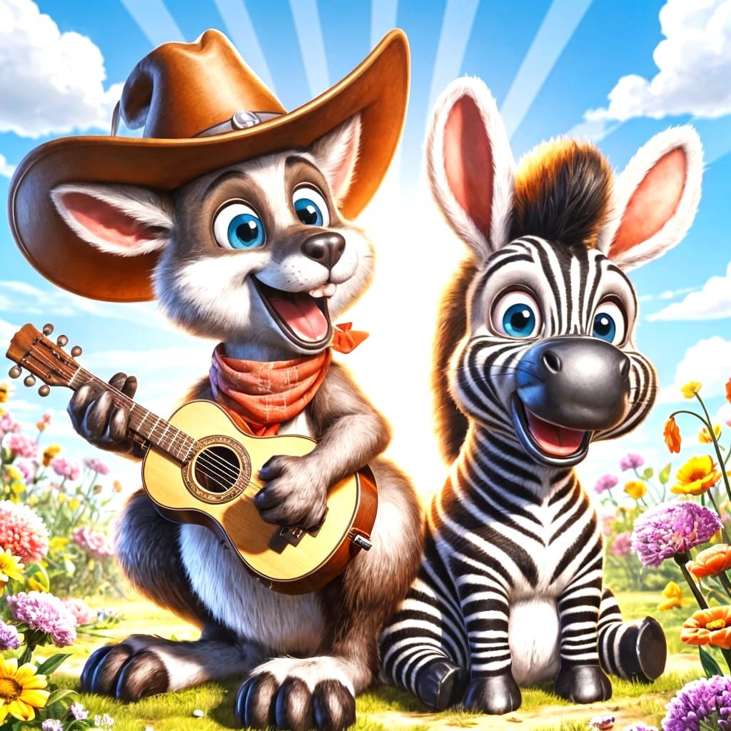 Cartoon Kangaroo and Zebra in Sunny Meadow