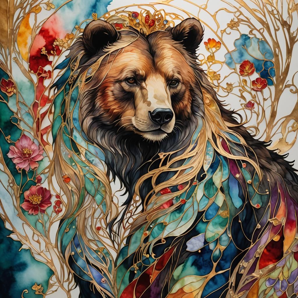 Regal Bear Queen in Watercolor, Baroque Art Nouveau Style