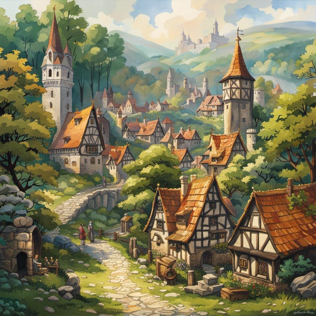 Lush Medieval City in Ghibli Watercolor Style