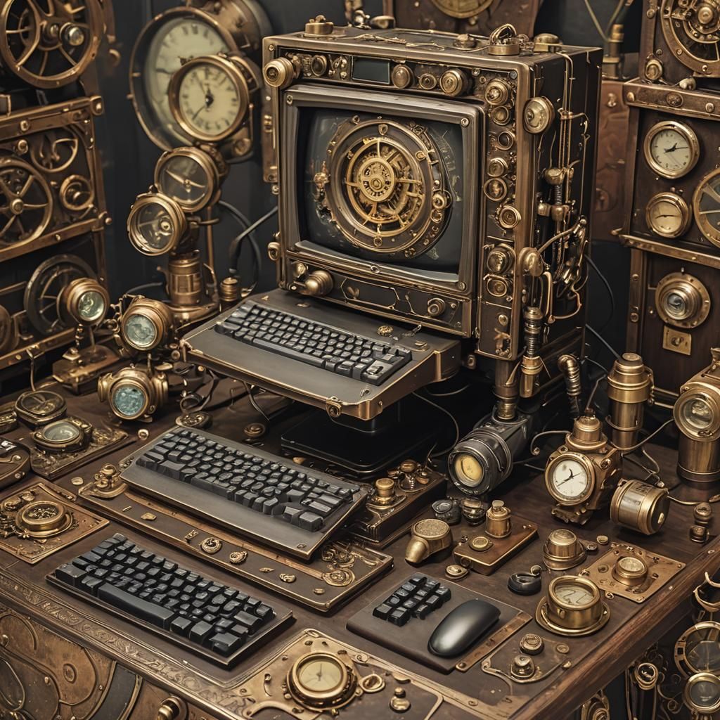 Steampunk Desktop Computer with Monitor and Keyboard