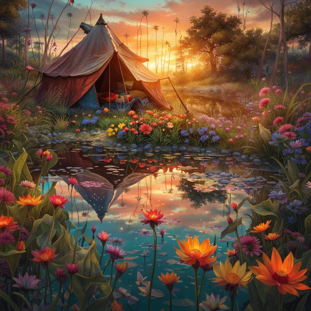 Wildflower Garden Campsite at Sunset in Fantasy Art Style