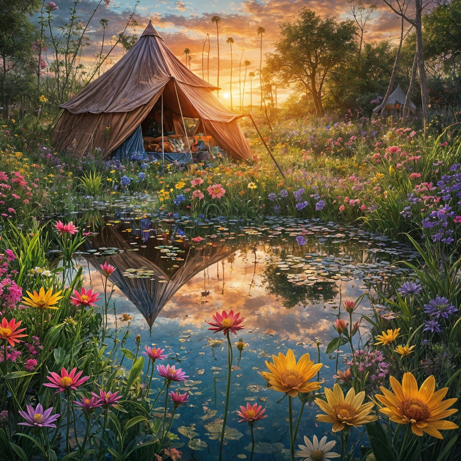 Fantasy Garden Pond at Vibrant Sunset