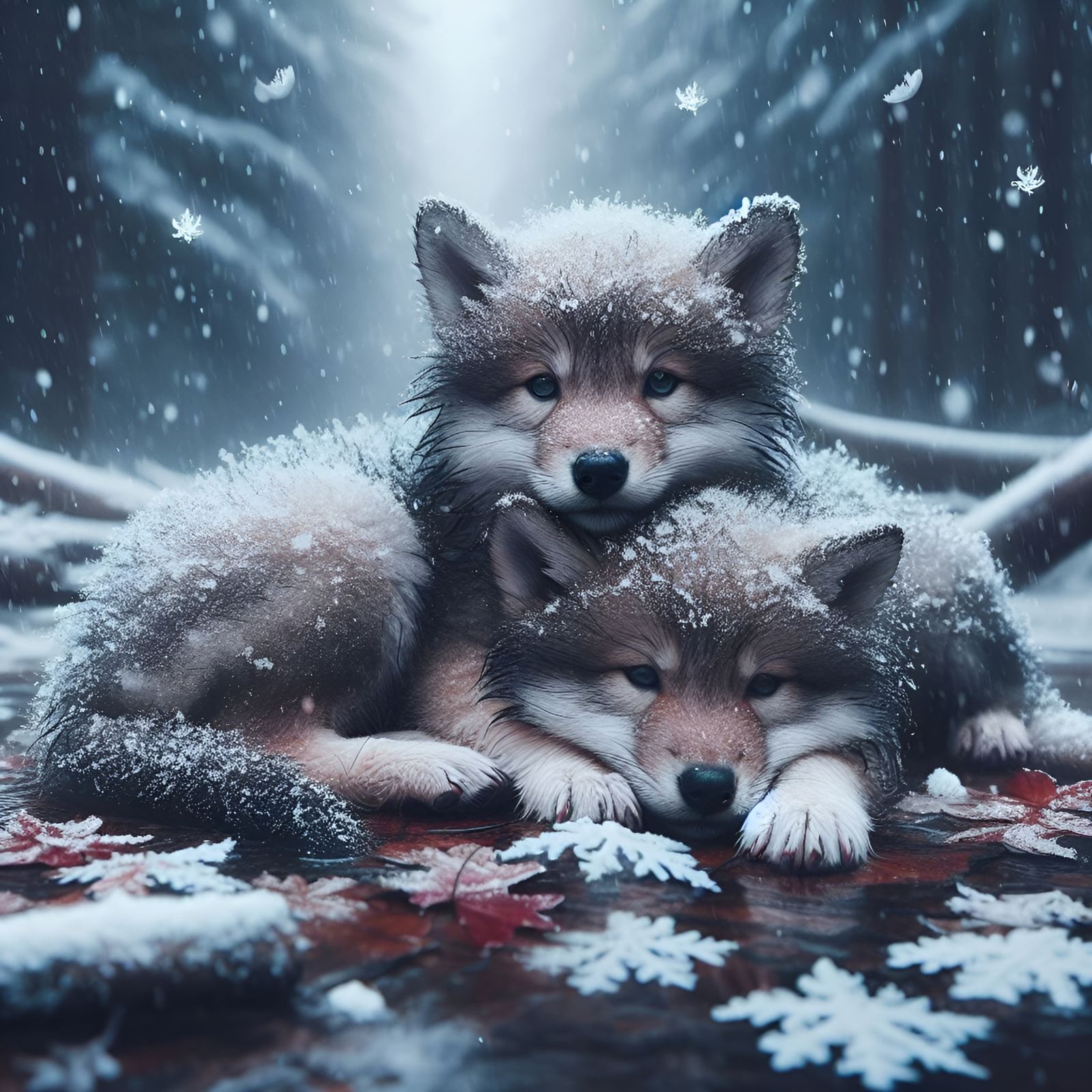 Wolf Cubs Cuddling in the Snow