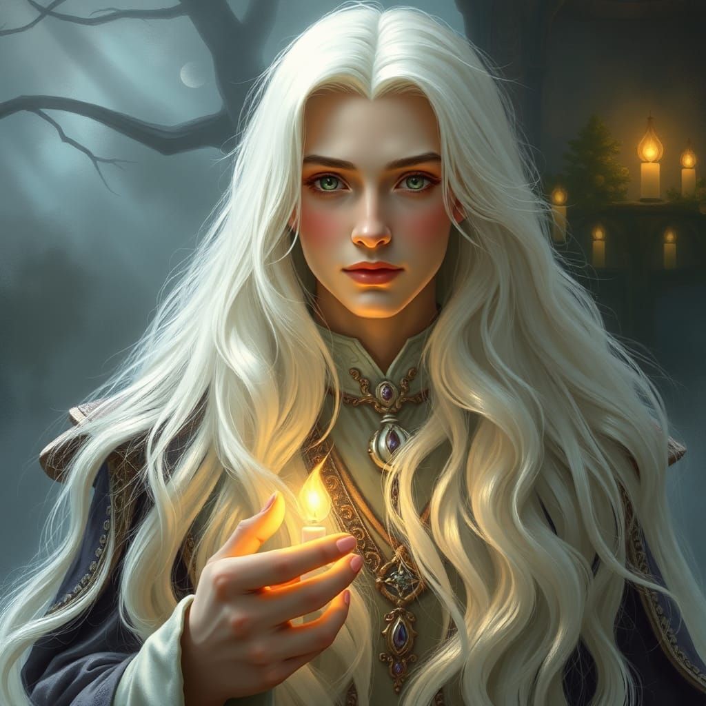 Ethereal Portrait of a Platinum-Haired Man in Fantasy Style