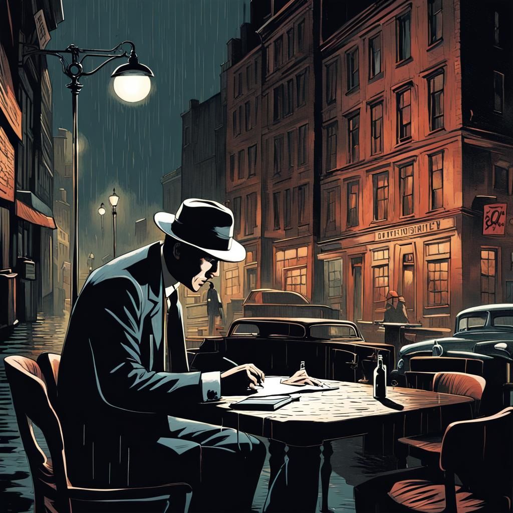 Noir Detective Unravels Mystery in Rainy Cityscape