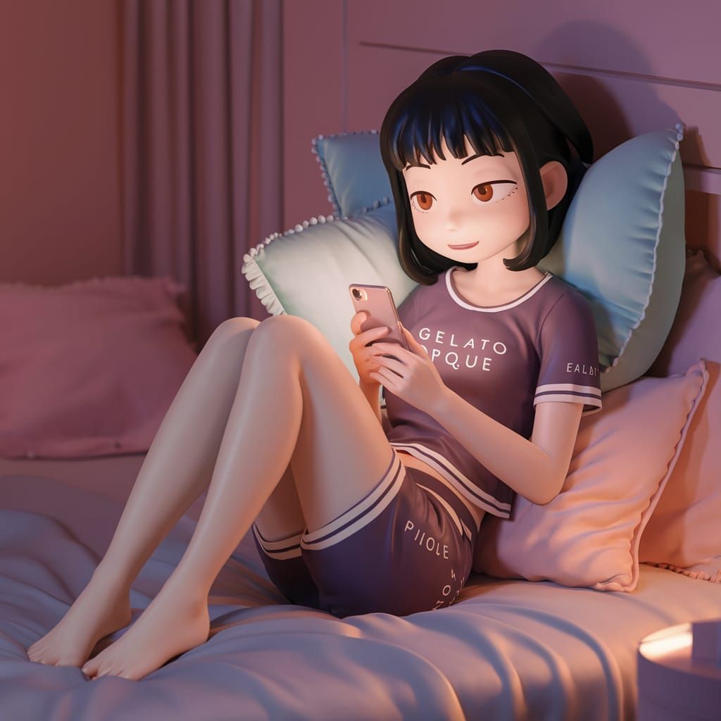 Cozy Anime Woman Relaxing in Pastel Bedroom