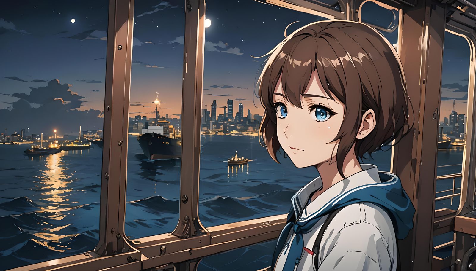 Anime Girl Gazing from Ship Window at Night