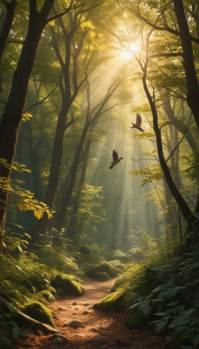 Vivid Oil Painting of Animals in Woodland Landscape