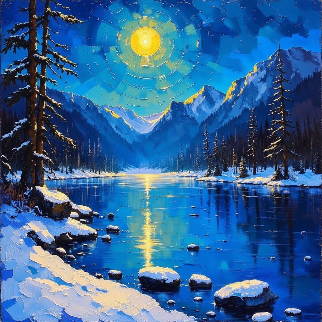 Black Ice Lake in Impasto Painting Style
