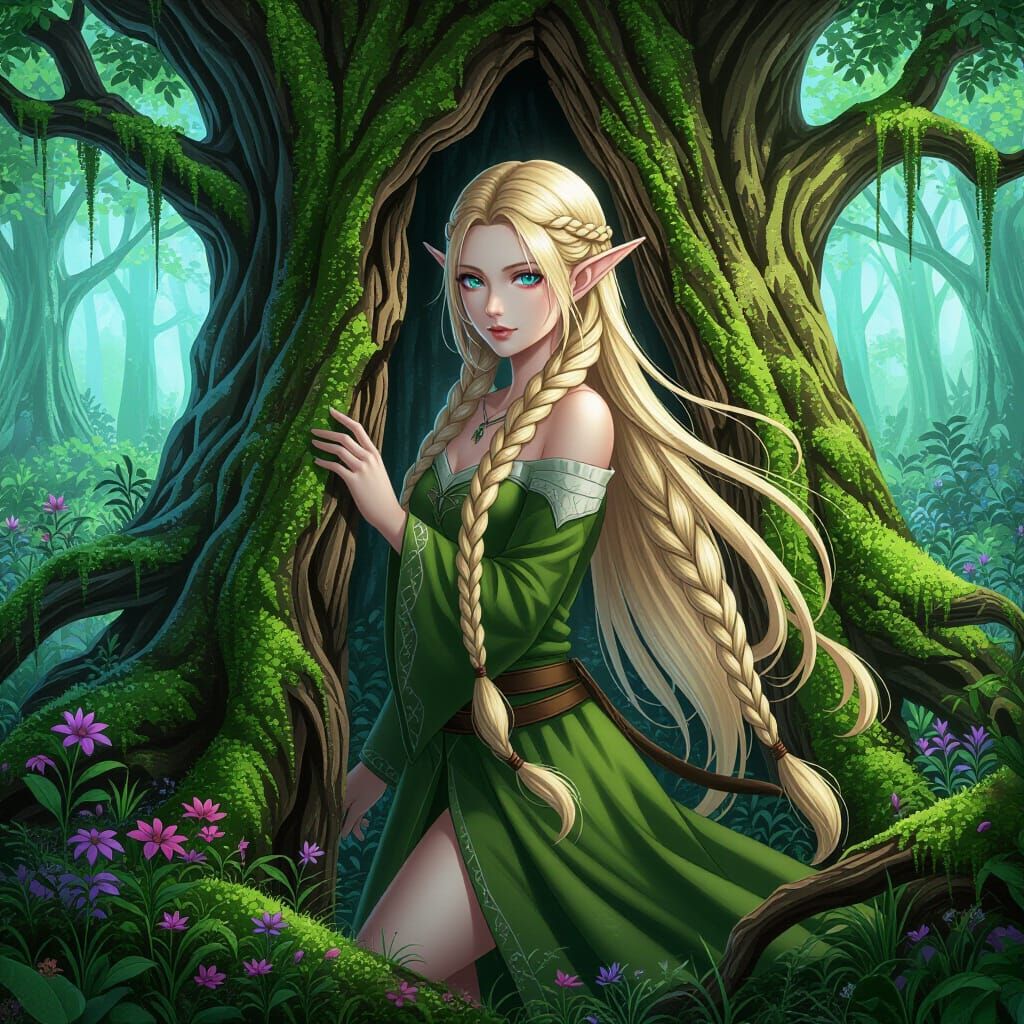 Ethereal Forest Elf Emerges from Ancient Tree