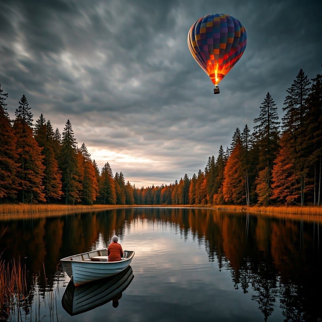 Serenic Lake Landscape at Dusk with Hot Air Balloon