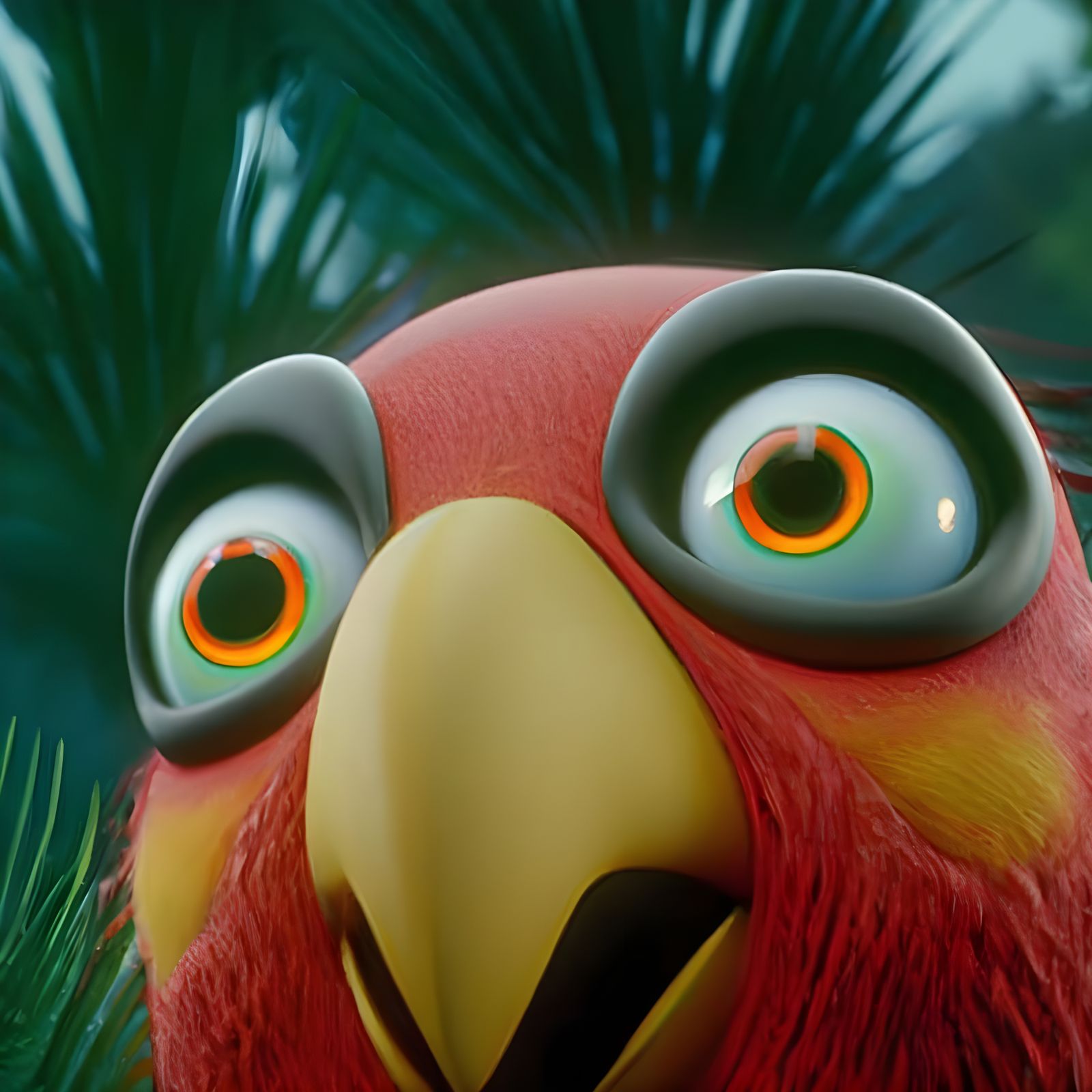 Parrot with Bloodshot Eyes in Jungle: 3D Render